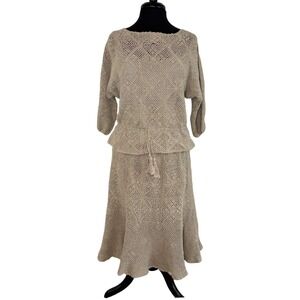 Vintage Hand-Crocheted Skirt Set by J.M. Pink L Beige Boho Lagenlook 100% Cotton
